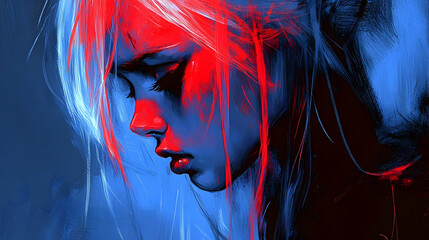 Close-up portrait of a young woman with vibrant neon colors.