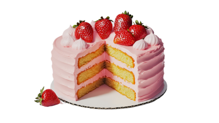 A Slice of Layered Cream Cake Topped With Strawberry In Ceramic Plate On Counter Surface, Pink Background. Natural Light, Minimal Exterior Courtyard Patio Composition.