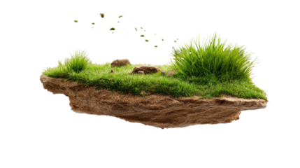 Isolated Green Grass Island: A vibrant green island, covered in lush grass and scattered with small rocks, floats serenely against a clear backdrop.