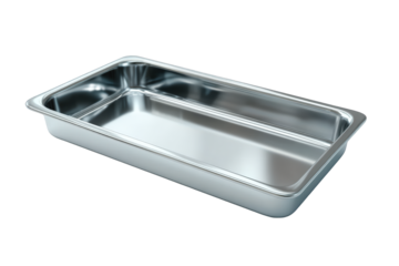 Shiny stainless steel rectangular gastronorm pan empty food tray dish on transparent background