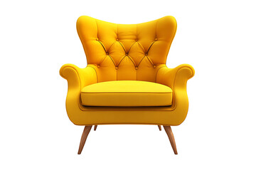 A vibrant yellow wingback chair with button tufting and wooden legs against black background studio shot
