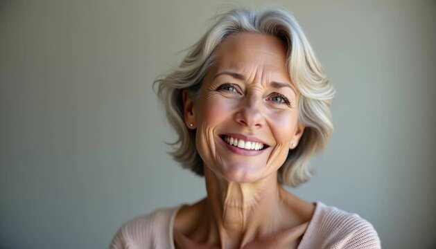 Smiling elderly men and women on a neutral background, photorealism