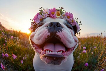 Cute baby dog bulldog wearing savage flower circlet on its head. Summertime happiness. Golden hour in sunset. Playful moments in a flower-filled field. Puppy celebrating summer.