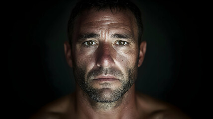 Close Up Portrait Of A Man Covered In Glitter Against A Dark Background In Studio Lighting