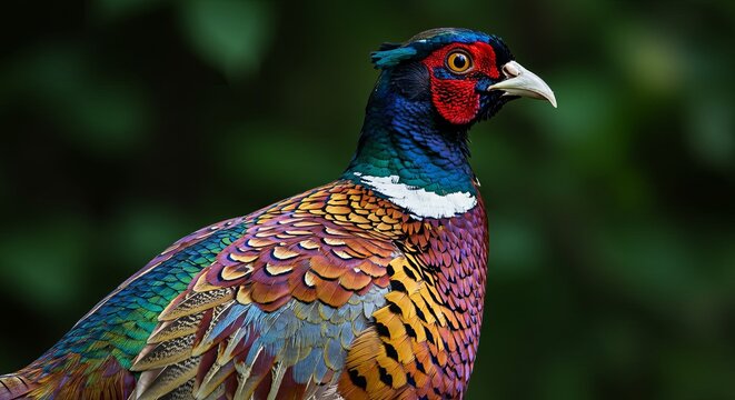 Elegant pheasant showcasing vibrant plumage in front of a green background