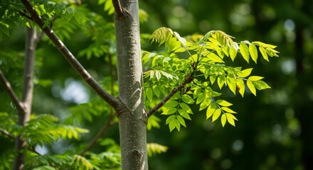 Fototapeta premium Close-up on sunlit tree trunk and vibrant green leaves during springtime season