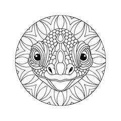 Detailed chameleon head mandala illustration intricate animal design black and white coloring page pet graphic