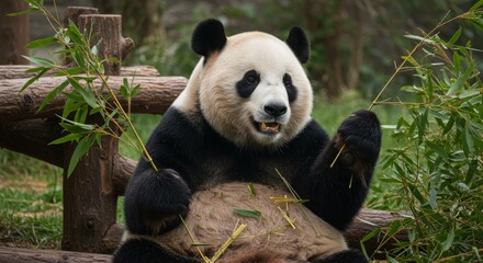 Fototapeta premium Delightful giant panda snacking on bamboo shoots in a lush environment