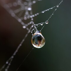 Close-up of dewdrop on spider web with crystal ball reflection