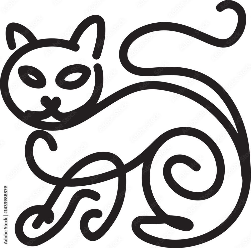Wall mural abstract continuous line art of a black cat in profile view isolated on white background showcasing 