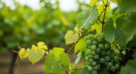 Lush green grapes growing in a vineyard on a sunny day scene