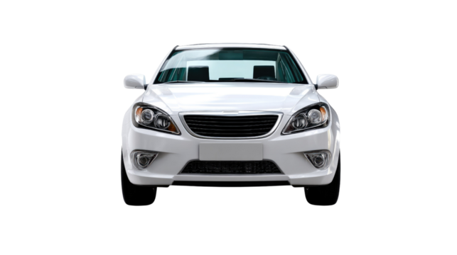 Sleek White Car: A front view captures a modern, white car with clean lines and a pristine finish. The car sits stationary, inviting attention with its elegant design. 