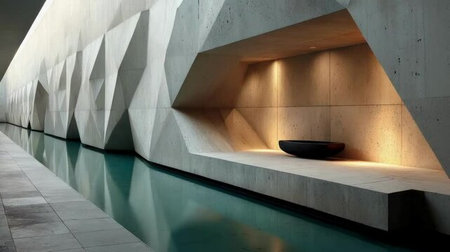 Minimalist concrete hallway with water canal
