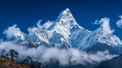 Obraz premium Majestic snow-capped mountain peak piercing a vibrant blue sky, shrouded in clouds. Lush greenery at the base