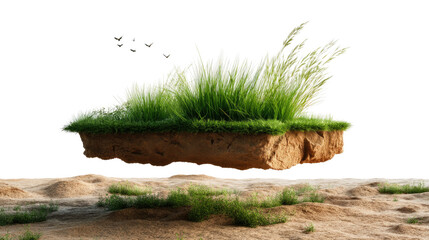 Fototapeta premium Floating Oasis: A surreal and captivating image of a small patch of lush grass with fluttering butterflies, seemingly suspended in mid-air above a sandy landscape.