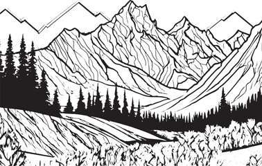 Obraz premium Black silhouette of mountains and fir trees deer stag animals camping adventure wildlife landscape panorama illustration icon vector for logo, isolated on white background