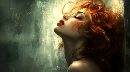 A profile view of a woman with auburn hair, thoughtful expression.