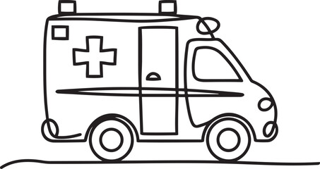 Black linear sketch of an ambulance van with a red cross symbol illustrated in continuous line art style minimal medical vehicle icon isolated on a clean white background © Miraz10