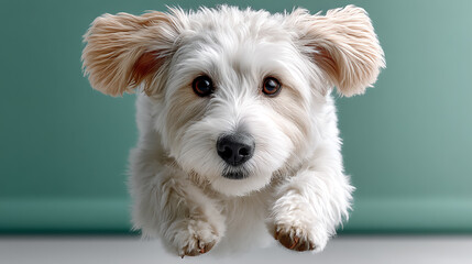 A playful white dog with floppy ears leaps toward the camera, showcasing its joyful spirit in a vibrant, minimalistic setting.