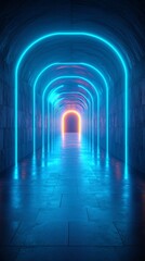 Obraz premium Neon archway tunnel, glowing entrance, futuristic architecture, abstract background, digital art