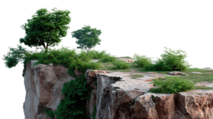 Cliffside Vista: A striking vista of a rocky cliff face, adorned with lush greenery and trees, set against a clear sky, captures the raw beauty of nature.