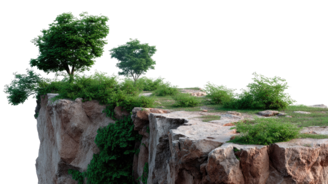 Cliffside Vista: A striking vista of a rocky cliff face, adorned with lush greenery and trees, set against a clear sky, captures the raw beauty of nature.