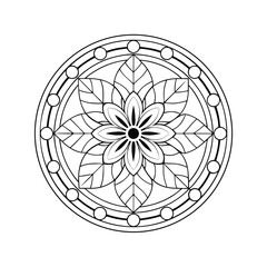 Black and white floral mandala design decorative circular element with intricate petals and geometric patterns