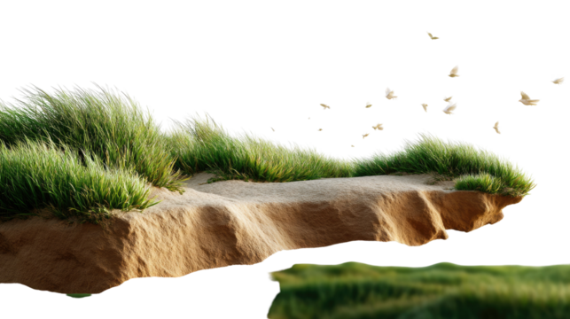 Coastal Cliff Landscape: An aerial perspective showcases the stunning natural beauty of a coastal cliff landscape, with windswept grass and sandy textures in a vibrant scene. - Powered by Adobe