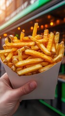 Delicious golden fries in a paper cone.