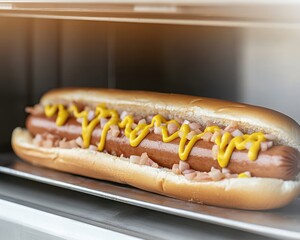 Delicious hot dog with mustard and toppings.