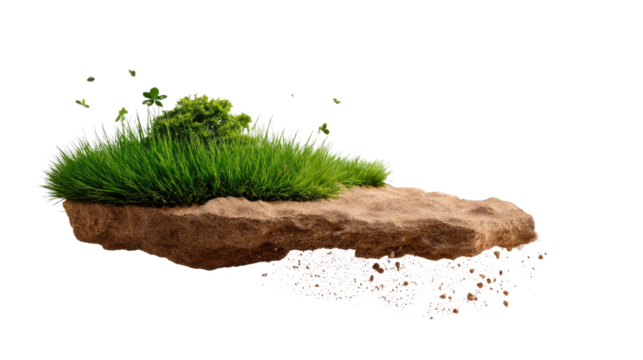 Isolated Soil Island: A small, self-contained landmass comprised of soil, lush grass, and vegetation, hovering mid-air. An intriguing and symbolic representation of isolation, earthiness.