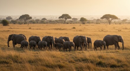 Obraz premium Elephant family walking through the African savannah at sunrise or sunset
