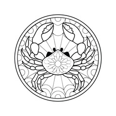 Crab line art illustration detailed decorative circle frame crustacean sea animal black and white ocean theme geometric design