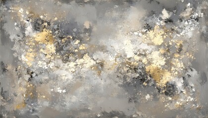 Abstract painting in muted grays and golds, showcasing textured brushstrokes and splatters