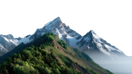 Majestic Peaks: Panoramic view of snow-capped mountains with lush green lower slopes. Awe-inspiring vista of towering peaks, the grandeur of nature.