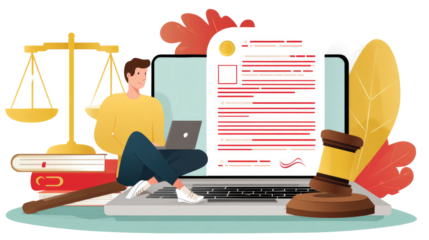 Digital Justice: A person immersed in legal work, using a laptop with documents, highlighting the modern intersection of law and technology with scale, books and judge gavel in close up view.