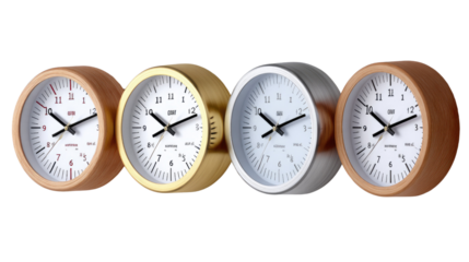 Timeless Clocks: Four stylish analog clocks in various finishes - wood, gold, silver, and light wood - displayed against a clean background. Each clock showcases a minimalist design with clear.
