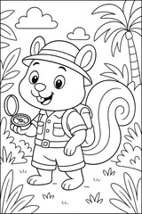 A squirrel on a jungle adventure. Coloring page perfect for kids aged 2 to 7.