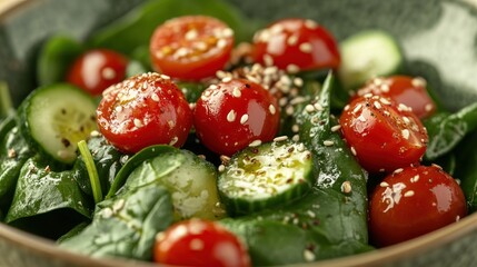 Fresh spinach salad with cherry tomatoes and cucumber.