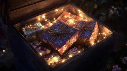 A beautifully arranged box of presents surrounded by soft twinkling lights creating a magical holiday atmosphere