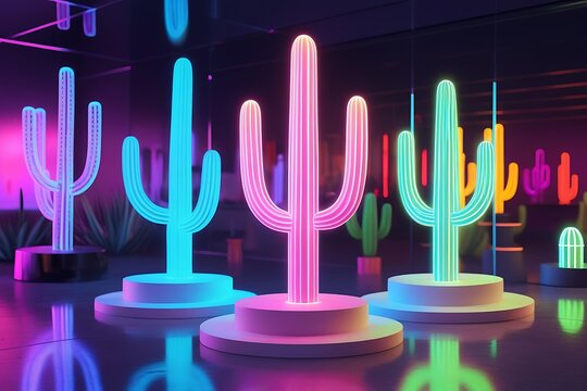 Neon cactus sculptures, vibrant colors, glowing saguaro cacti, futuristic desert decor, gradient lighting, minimalist white bases, dark background, reflective surface, digital art, 3D rendering, synth