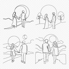Naklejka premium Romantic Couple Walking Hand in Hand Under the Moon Continuous Line Drawing - Minimalist Love Concept Illustration