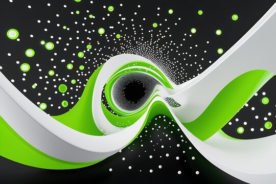 Abstract waves, white and green curves, black background, particle explosion, dots and circles, dynamic composition, contrast, motion blur, digital art, 3D rendering, futuristic, sleek design, high-te