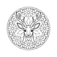 Deer head mandala vector illustration with floral decoration in black and white coloring page design