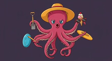 Pixelated octopus with hat holding beach tools on purple background