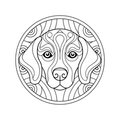 Beagle dog head mandala line art illustration intricate design pet portrait isolated on white background coloring page