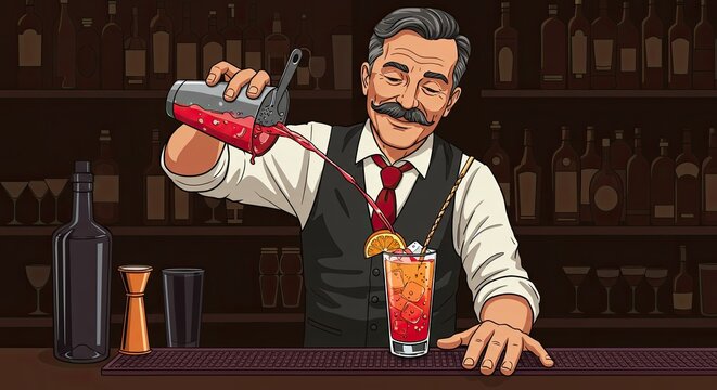 Pixelated illustration of a bartender crafting a cocktail behind a wooden bar. A man with a mustache pours from a shaker into a glass