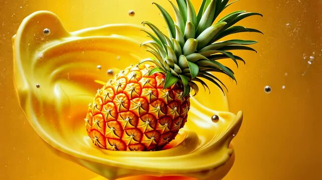 Pineapple, tropical fruit, juice splash. Fruit freshness. Drops glide on pineapple surface. Juice whirls around ripe pineapple. Pineapple taste enhances mood immediately.
