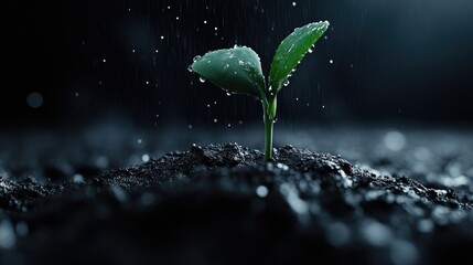New sprout emerging from soil, nourished by rain
