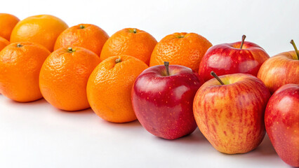Bright Orange and Red Apples and Oranges on White Background